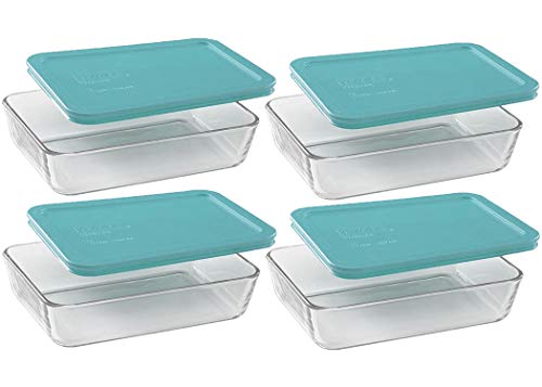 Pyrex Basics Clear Glass Food Storage Dishes, 4 (3-Cup) Oblong Dishes with Turquoise Plastic Lids Made in the USA