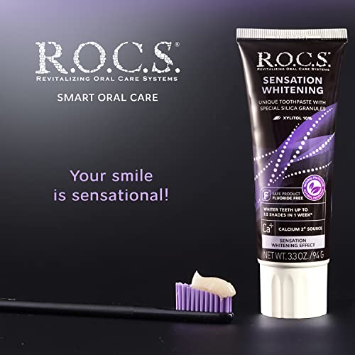 R.O.C.S. Toothpaste - Plaque Removal with Silica Cleaning Granules - Enjoy White Bright Strong Teeth and Healthy Gums - Natural Non-Fluoride Oral Care (Sensation Whitening, Pack of 1)