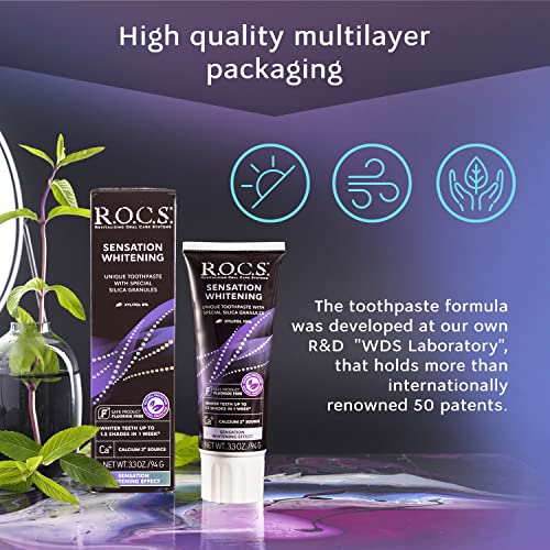 R.O.C.S. Toothpaste - Plaque Removal with Silica Cleaning Granules - Enjoy White Bright Strong Teeth and Healthy Gums - Natural Non-Fluoride Oral Care (Sensation Whitening, Pack of 1)