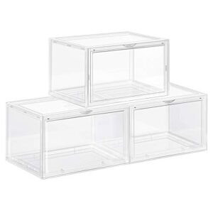 songmics shoe boxes, pack of 3 stackable shoe organizers with clear door for sneakers, plastic shoe storage for us size 12, 14.2 x 11 x 8.7 inches, transparent ulsp03cw