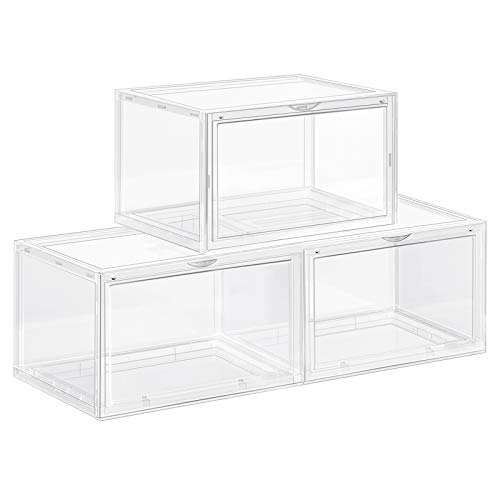 SONGMICS Shoe Boxes, Pack of 3 Stackable Shoe Organizers with Clear Door for Sneakers, Plastic Shoe Storage for US Size 12, 14.2 x 11 x 8.7 Inches, Transparent ULSP03CW