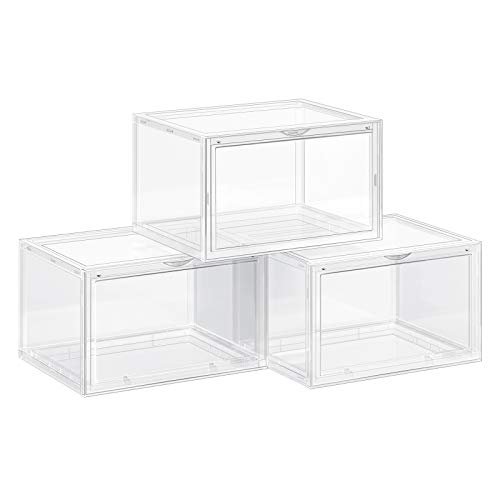 SONGMICS Shoe Boxes, Pack of 3 Stackable Shoe Organizers with Clear Door for Sneakers, Plastic Shoe Storage for US Size 12, 14.2 x 11 x 8.7 Inches, Transparent ULSP03CW