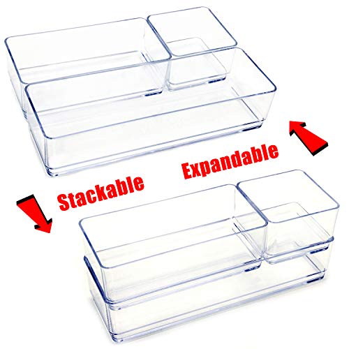 Youngever Clear Plastic Vanity and Desk Drawer Organizers, Stackable, Makeup Organizers, Storage Tray for Makeup, Kitchen Utensils, Jewelries (9 Pieces)