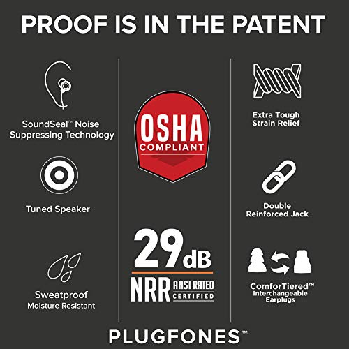 Plugfones Protector VL Audio Earbuds, OSHA Compliant Earplugs with Sound, Black & Red