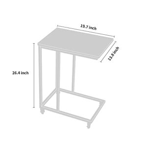 Coral Flower End Table, Side Table, TV Tray, C Shaped Snack Table with Metal Frame, Rolling Casters, Industrial, for Living Room, Bedroom,Rustic Brown.