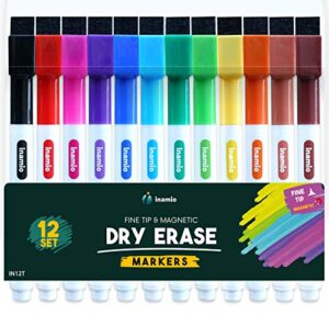 dry erase markers, fine tip and magnetic – thin, colored whiteboard markers for fridge, school or office - low odor and fine point, 12 set assorted colors