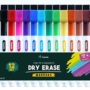Dry Erase Markers, Fine Tip and Magnetic – Thin, Colored Whiteboard Markers for Fridge, School or Office - Low Odor and Fine Point, 12 Set Assorted Colors