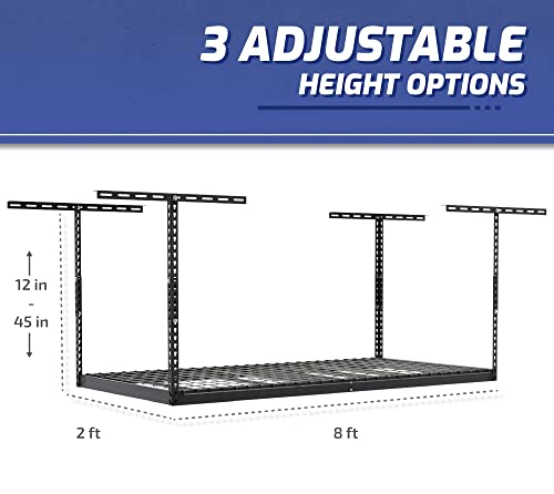 SafeRacks 3x8 Overhead Garage Storage Rack - 500 Pound Weight Capacity Height Adjustable Steel Ceiling-Mounted Rack with Accessories (Hammertone) (18"-33")