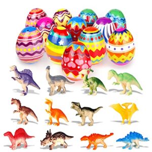 tinabless toys filled easter eggs, bright colorful eggs prefilled with dinosaur for easter theme party favor, easter eggs hunt event, easter basket, classroom rewards (12 packs)