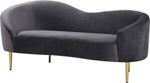 meridian furniture ritz collection modern | contemporary velvet upholstered loveseat with sturdy metal legs in rich gold finish, grey, 67" w x 31.75" d x 30.5" h