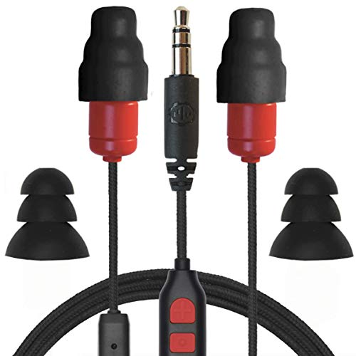 Plugfones Protector Plus VL in-Ear Earplug Earbuds, Noise Reduction Headphones with Noise Isolating Mic and Controls, Black & Red