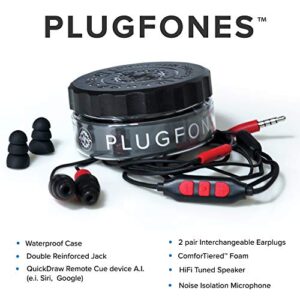 Plugfones Protector Plus VL in-Ear Earplug Earbuds, Noise Reduction Headphones with Noise Isolating Mic and Controls, Black & Red