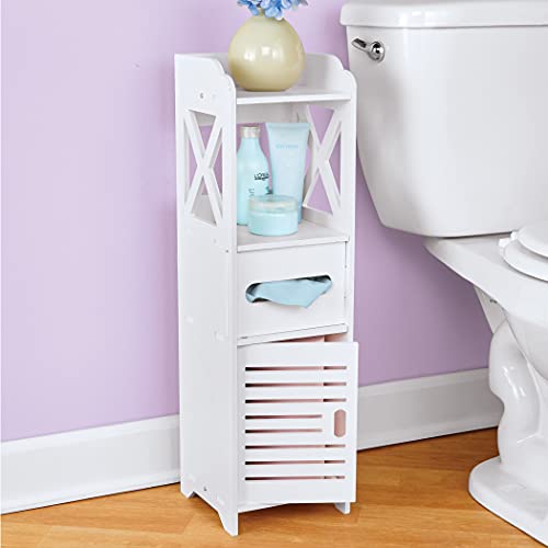 Collections Etc White Bathroom Supplies Storage Tower with Tissue Holder - Multifunctional Shelving Unit, Freestanding Shelf Rack & Drawer Cabinet Organizer - 2.29 Ft Tall
