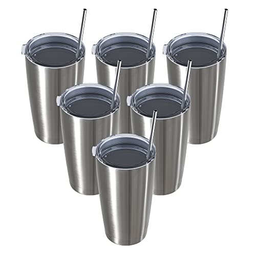 MUCHENGHY 20oz Stainless Steel Tumbler with Lid and Straw, Double Wall Vacuum Insulated Travel Coffee Mug, Stainless steel surface Metal Tumblers for Cold & Hot Drinks(Silver, 6 Pack)