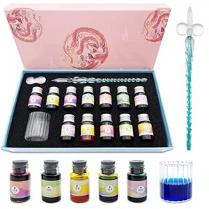 asxma calligraphy dip pen set - 12 colorful inks, glass pen holder, glass, crystal pen for art, writing, drawing, signatures, decoration,holiday gift set calligraphy beginners
