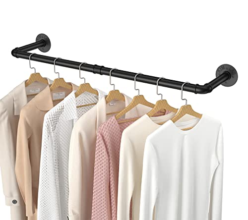 Industrial Pipe Clothes Rack 38.4", Wall Mounted Garment Rack Space-Saving Hanging Clothes Rack Detachable Black Iron Garment, Multi-Purpose Heavy Duty Clothing Hanging Rod for Closet Storage 2 Base