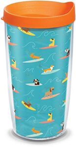tervis surf dogs insulated tumbler with wrap and orange lid, 16oz, clear