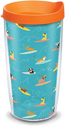 Tervis Surf Dogs Insulated Tumbler with Wrap and Orange Lid, 16oz, Clear