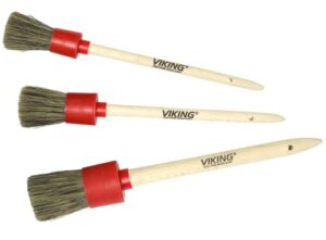 viking 3pk multi-purpose car detailing brushes, 3 head sizes with natural boars hair and synthetic fibers for exterior and interior detailing, red