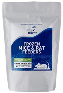 micedirect frozen mice combo pack of 40 weanling & small adult feeder mice – 20 weanlings & 20 small adults - food for corn snakes, ball pythons, & pet reptiles - snake feed supplies