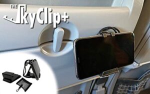 the skyclip+ phone & tablet holder for air travel, home and office use - inflight phone mount & stand compatible with iphone, android, kindle and tablets - ultimate travel accessory (black)