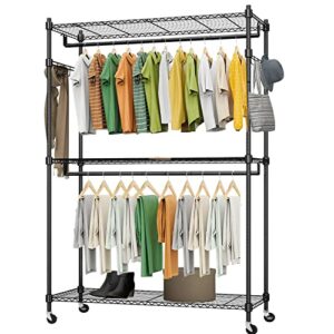himimi heavy duty rolling garment rack 3 tier wire shelving clothes rack for clothing,storage with double rods,lockable wheels and side hooks,freestanding metal wardrobe storage rack,black