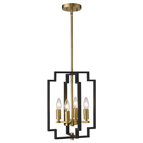 Emliviar 4-Light Lantern Chandelier, Farmhouse Dining Room Pendant Lighting, Black and Gold Finish, JE1981-D4 BK+G