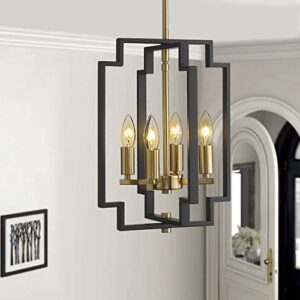 Emliviar 4-Light Lantern Chandelier, Farmhouse Dining Room Pendant Lighting, Black and Gold Finish, JE1981-D4 BK+G