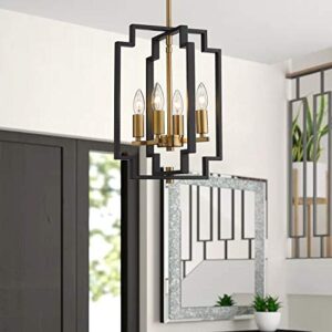 Emliviar 4-Light Lantern Chandelier, Farmhouse Dining Room Pendant Lighting, Black and Gold Finish, JE1981-D4 BK+G