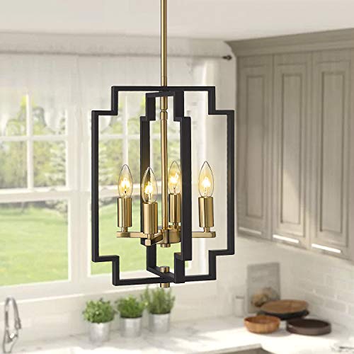 Emliviar 4-Light Lantern Chandelier, Farmhouse Dining Room Pendant Lighting, Black and Gold Finish, JE1981-D4 BK+G