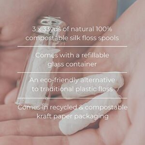 Biodegradable Dental Floss by TreeBird | Refillable & Reusable Zero Waste Glass Dispenser | 3x33yd Waxed Natural Cruelty Free Peace Silk Spools | 100% Compostable | Eco Friendly Plastic Free Oral Care