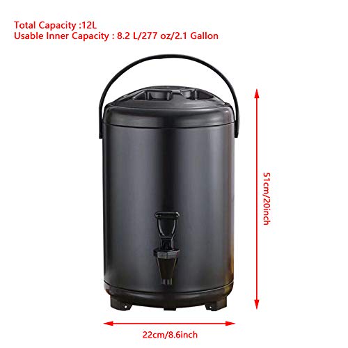 Stainless Steel Insulated Beverage Dispenser 12 Liter/3.17 Gallon with Spigot for Hot Tea & Coffee, Cold Milk, water, juice in parties, offices, Soup Family Party，weddings(Black)