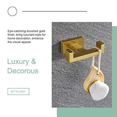 APLusee Double Robe Towel Hook Brushed Gold, 304 Stainless Steel Bathroom Hand Towel Holder, Clothes Wall Hanger for Toilet Kitchen Cabinet