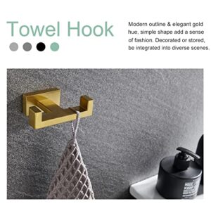 APLusee Double Robe Towel Hook Brushed Gold, 304 Stainless Steel Bathroom Hand Towel Holder, Clothes Wall Hanger for Toilet Kitchen Cabinet