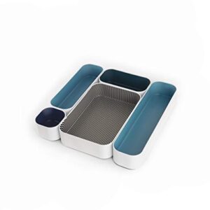 three by three seattle 5 piece metal organizer tray set for storing makeup, stationery, utensils, and more in office desk, kitchen and bathroom drawers (2 inch, assorted blue and stripes)