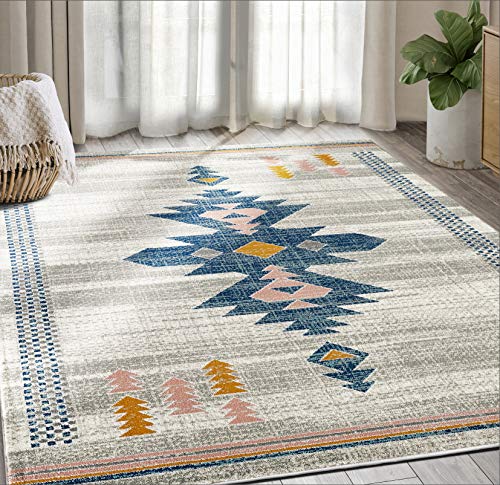 Abani Porto Collection 7'9" x 10'2" Southwestern Area Rug, Rectangular Turkish Beige & Blue Tribal Print Accent Rug Rugs