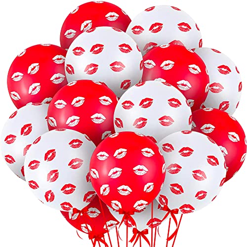 Red and White Kiss Balloons - 20 Pieces | Latex Red Lip Balloons | Lip Balloons for Romantic Decorations Special Night | Kiss Lips Printed Valentines Day Balloons for Anniversary, Proposal Decorations