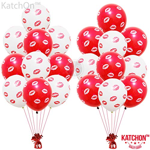 Red and White Kiss Balloons - 20 Pieces | Latex Red Lip Balloons | Lip Balloons for Romantic Decorations Special Night | Kiss Lips Printed Valentines Day Balloons for Anniversary, Proposal Decorations