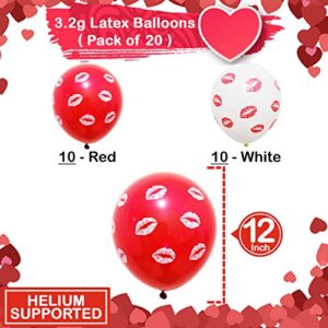 Red and White Kiss Balloons - 20 Pieces | Latex Red Lip Balloons | Lip Balloons for Romantic Decorations Special Night | Kiss Lips Printed Valentines Day Balloons for Anniversary, Proposal Decorations