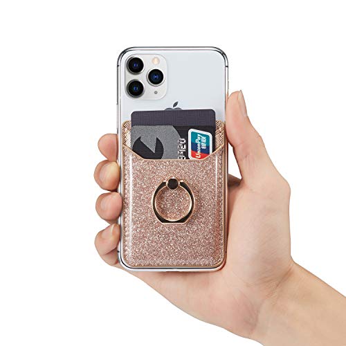 TOPWOOZU Phone Card Holder with Ring Grip for Back of Phone,Adhesive Stick-on Credit Card Wallet Pocket for iPhone,Android and Smartphones (Pink)