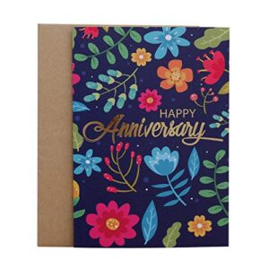 anniversary card - gold foil multicolored floral dark blue textured greeting card with kraft envelope - 5" x 7" - happy anniversary card for couple, valentine, employee, him or husband - blank inside