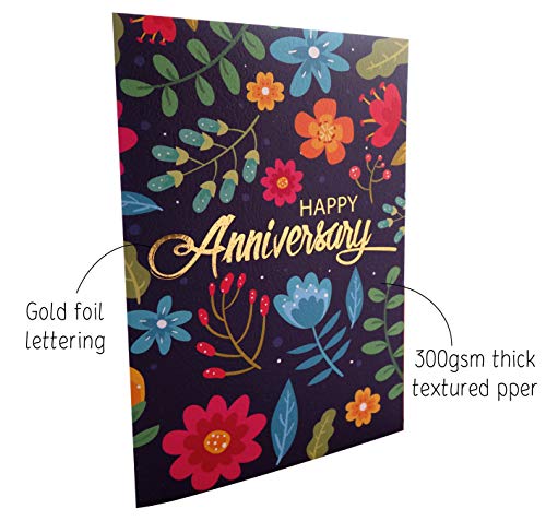 Anniversary Card - Gold Foil Multicolored Floral Dark Blue Textured Greeting Card with Kraft Envelope - 5" x 7" - Happy Anniversary Card For Couple, Valentine, Employee, Him or Husband - Blank Inside