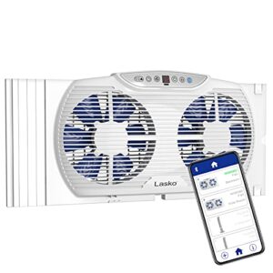lasko w09560 bluetooth enabled twin 9-inch window fan with independent electrically reversible intake & exhaust motors with thermostat and timer for bedroom indoor home use, white