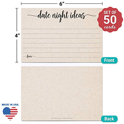 321Done Date Night Ideas (50 Cards) 4" x 6" for Wedding, Anniversary, Bridal Shower Game - Large Rustic Kraft Tan - Made in USA