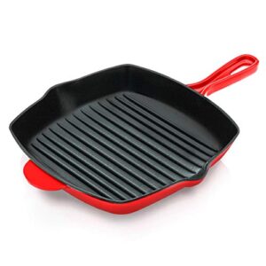 nutrichef nonstick cast iron grill pan - 11-inch kitchen square cast iron skillet grilling pan, enameled cast iron skillet steak pan w/ side drip spout for electric stovetop, induction, gas -