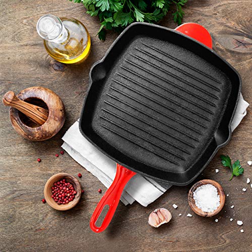 NutriChef Nonstick Cast Iron Grill Pan - 11-Inch Kitchen Square Cast Iron Skillet Grilling Pan, Enameled Cast Iron Skillet Steak Pan w/ Side Drip Spout For Electric Stovetop, Induction, Gas -