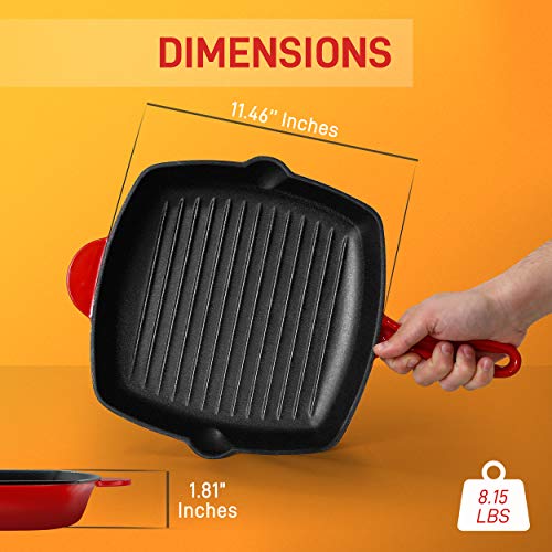 NutriChef Nonstick Cast Iron Grill Pan - 11-Inch Kitchen Square Cast Iron Skillet Grilling Pan, Enameled Cast Iron Skillet Steak Pan w/ Side Drip Spout For Electric Stovetop, Induction, Gas -