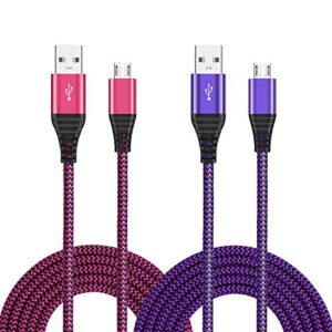 micro usb cable 10ft, okray 2 pack long nylon braided android usb charger cable micro usb 2.0 fast charge & sync data charging cord compatible samsung galaxy j3/j7 s6/s7 edge note 5 4(purple hot-pink)