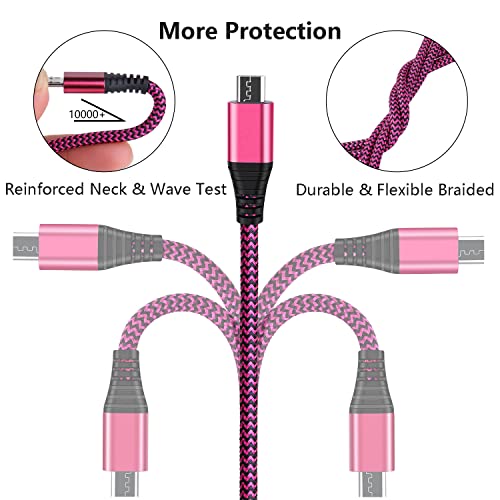 Micro USB Cable 10FT, OKRAY 2 Pack Long Nylon Braided Android USB Charger Cable Micro USB 2.0 Fast Charge & Sync Data Charging Cord Compatible Samsung Galaxy J3/J7 S6/S7 Edge Note 5 4(Purple Hot-Pink)