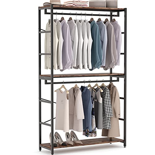 Tribesigns 86 inches Double Rod Closet Organizer, Freestanding 3 Tiers Shelves Clothes Garment Racks, Large Heavy Duty Clothing Storage Shelving Unit for Bedroom Laundry Room